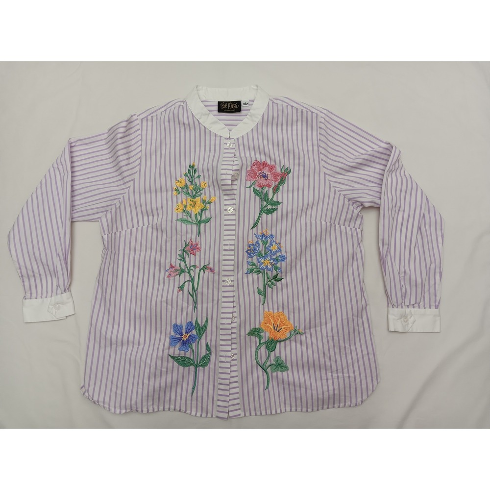 Bob Mackie Wearable Art Striped Embroidered Floral Button Shirt‎ Women's Size L